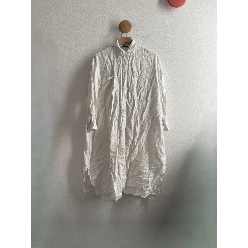Zara White Linen Long Button Down Shirt Dress Size Medium